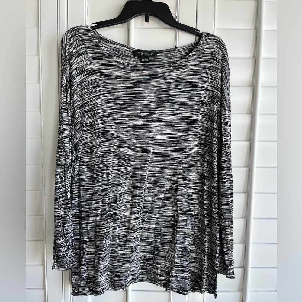 AUGUST SILK Black & White Stripes Long Sleeve Scoop Neck Top Size Large